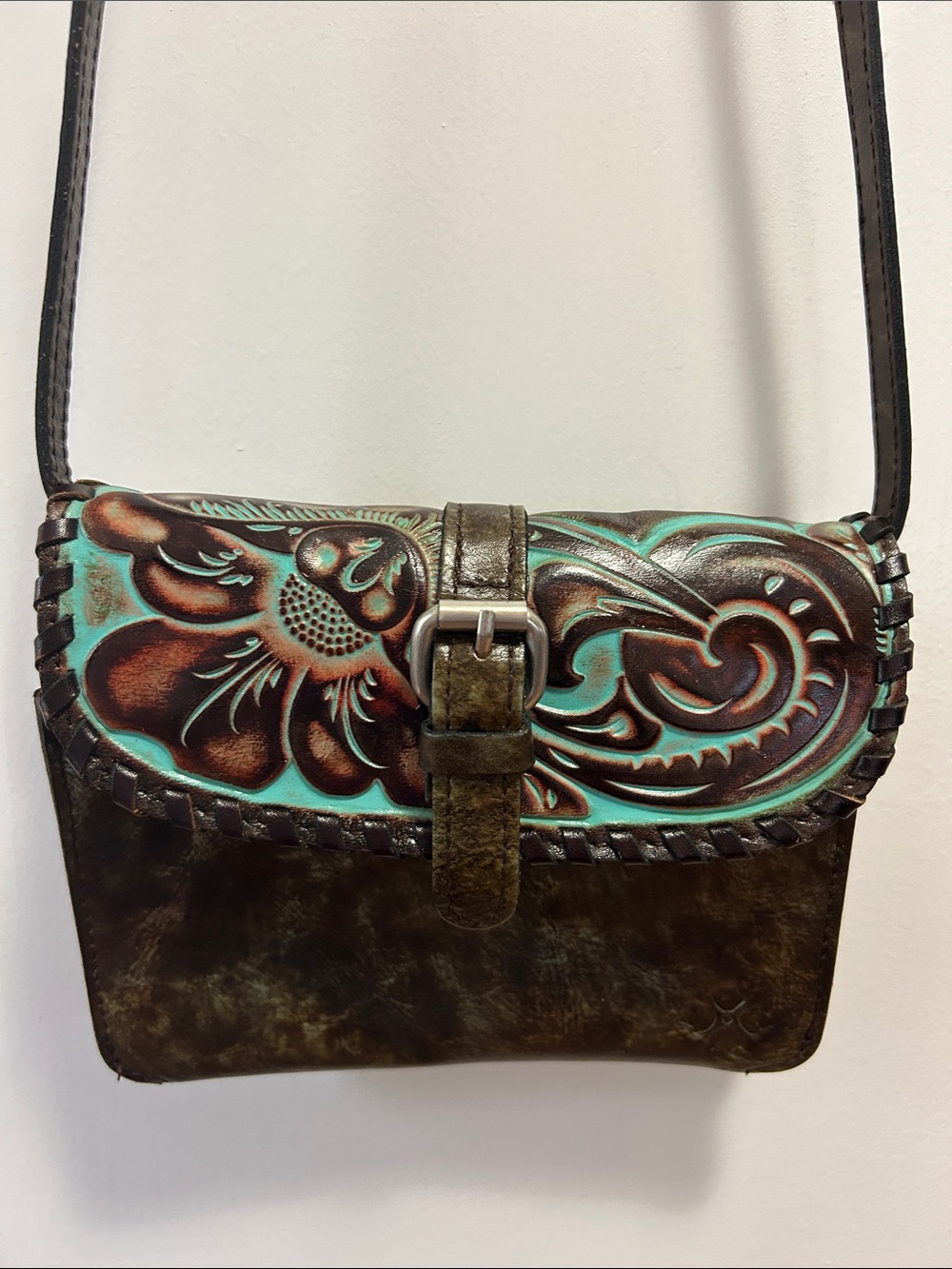 Patricia Nash Hand-Tooled Floral Leather Crossbody Bag in Turquoise and Brown